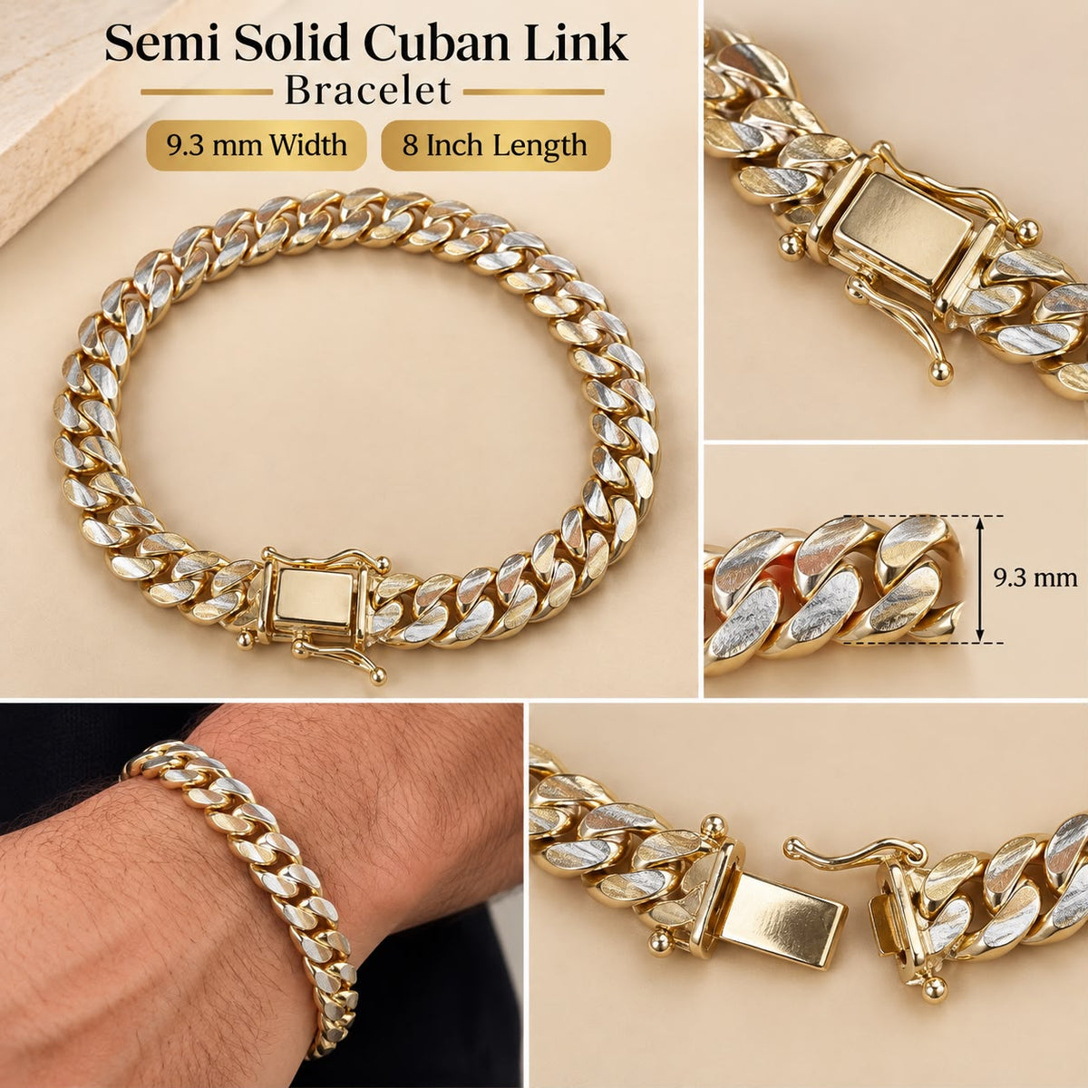 Semi-Solid Two-Tone Cuban Link Bracelet 8” 9.3mm – 7.54 Grams