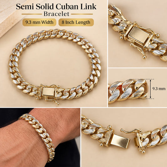 Semi-Solid Two-Tone Cuban Link Bracelet 8” 9.3mm – 7.54 Grams