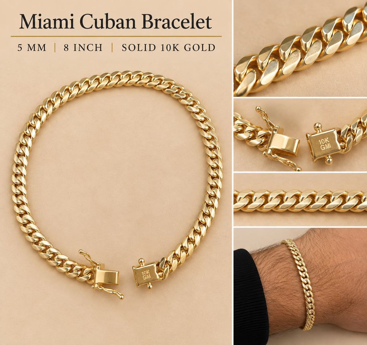 10K Yellow Gold Solid Miami Cuban Link Bracelet 5mm 8” – 15 Grams