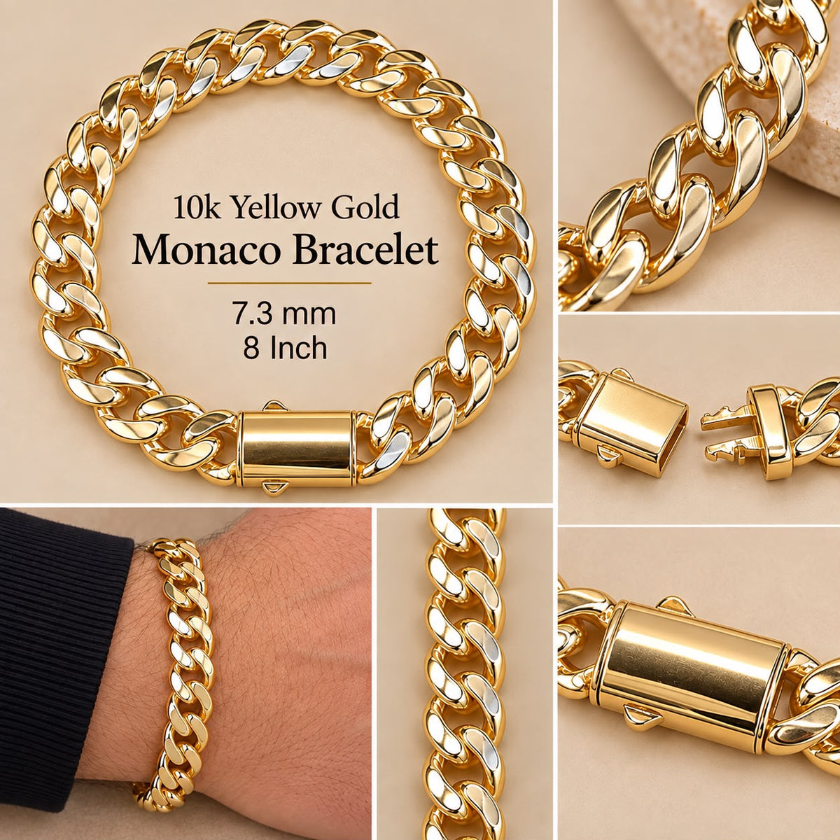 10K Yellow Gold Monaco Bracelet 7.3mm 8” – 7.5 Grams