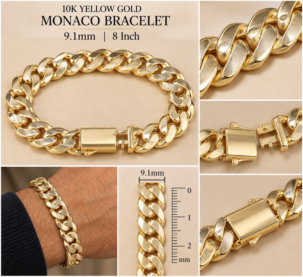 10K Yellow Gold Monaco Bracelet 9.1mm 8” – 11.40 Grams