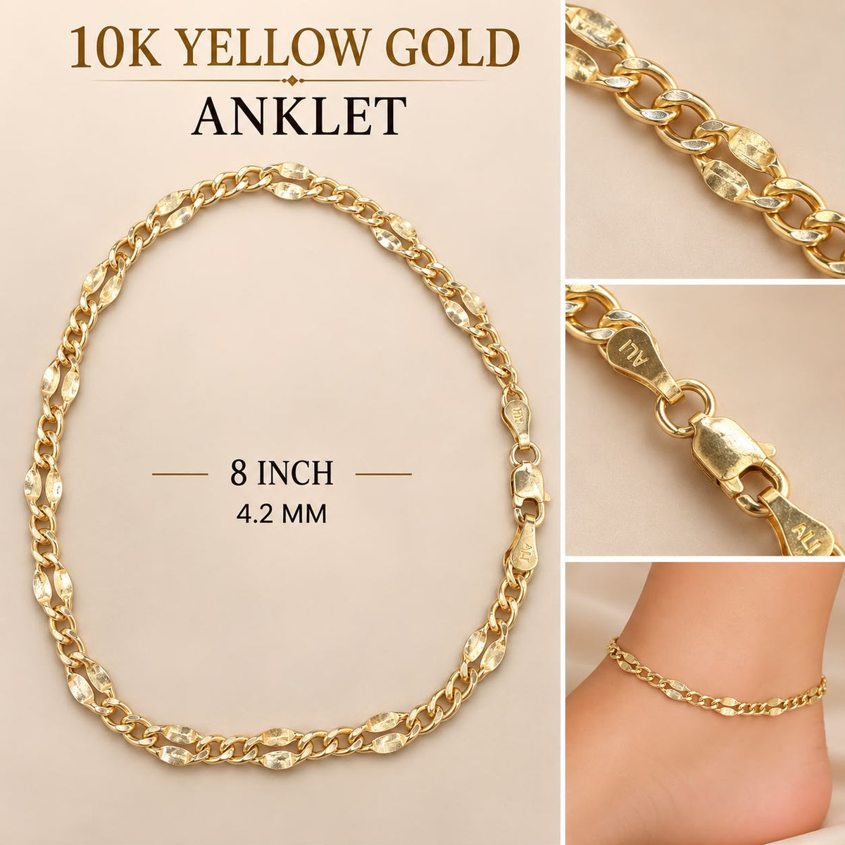 10K Yellow Gold 8” Anklet 4.2mm Diamond-Cut Link Chain – 1.94 Grams