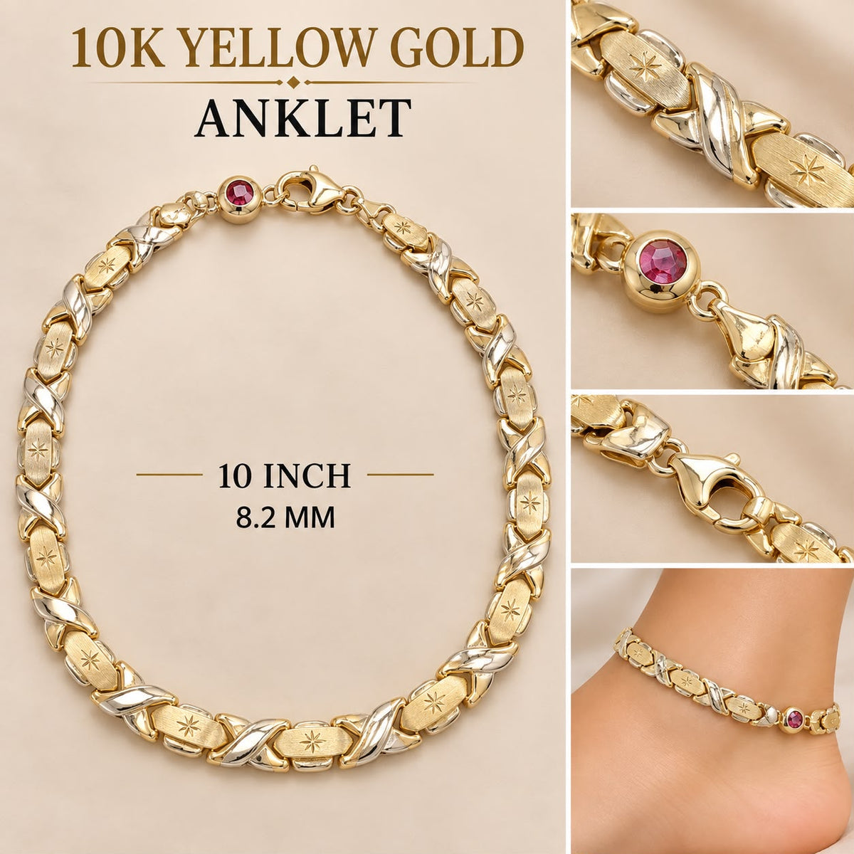 10K Yellow Gold Two-Tone 10” Anklet 8.2mm Star Design – 8.4 Grams