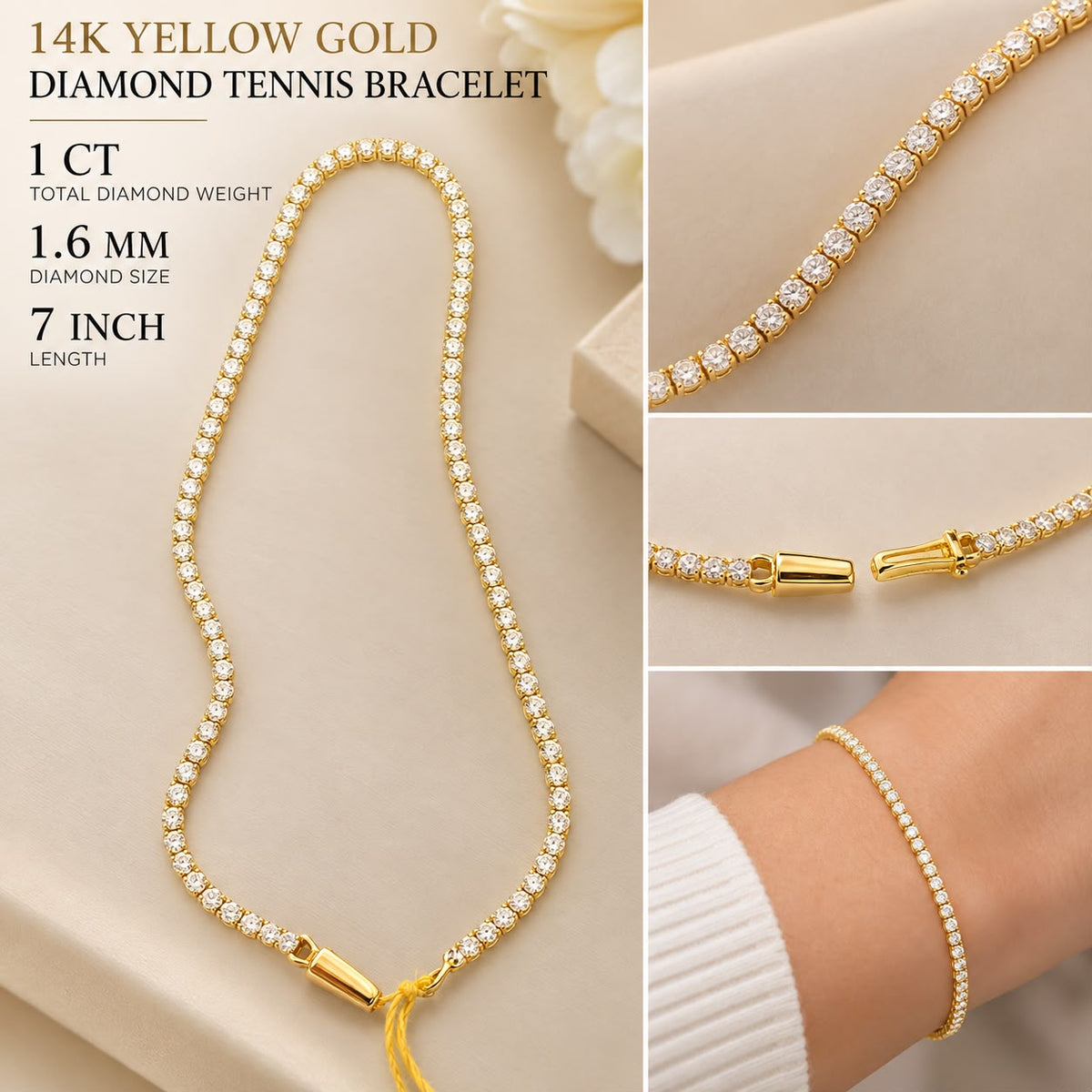 14K Yellow Gold 1 CT Diamond Tennis Bracelet 7” – 1.6mm Natural Diamond