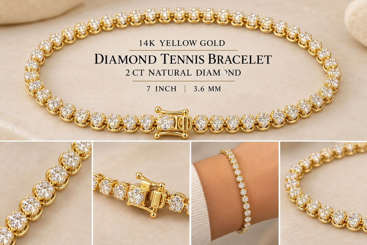 14K Yellow Gold 2 CT Natural Diamond Tennis Bracelet 7” – 3.6mm