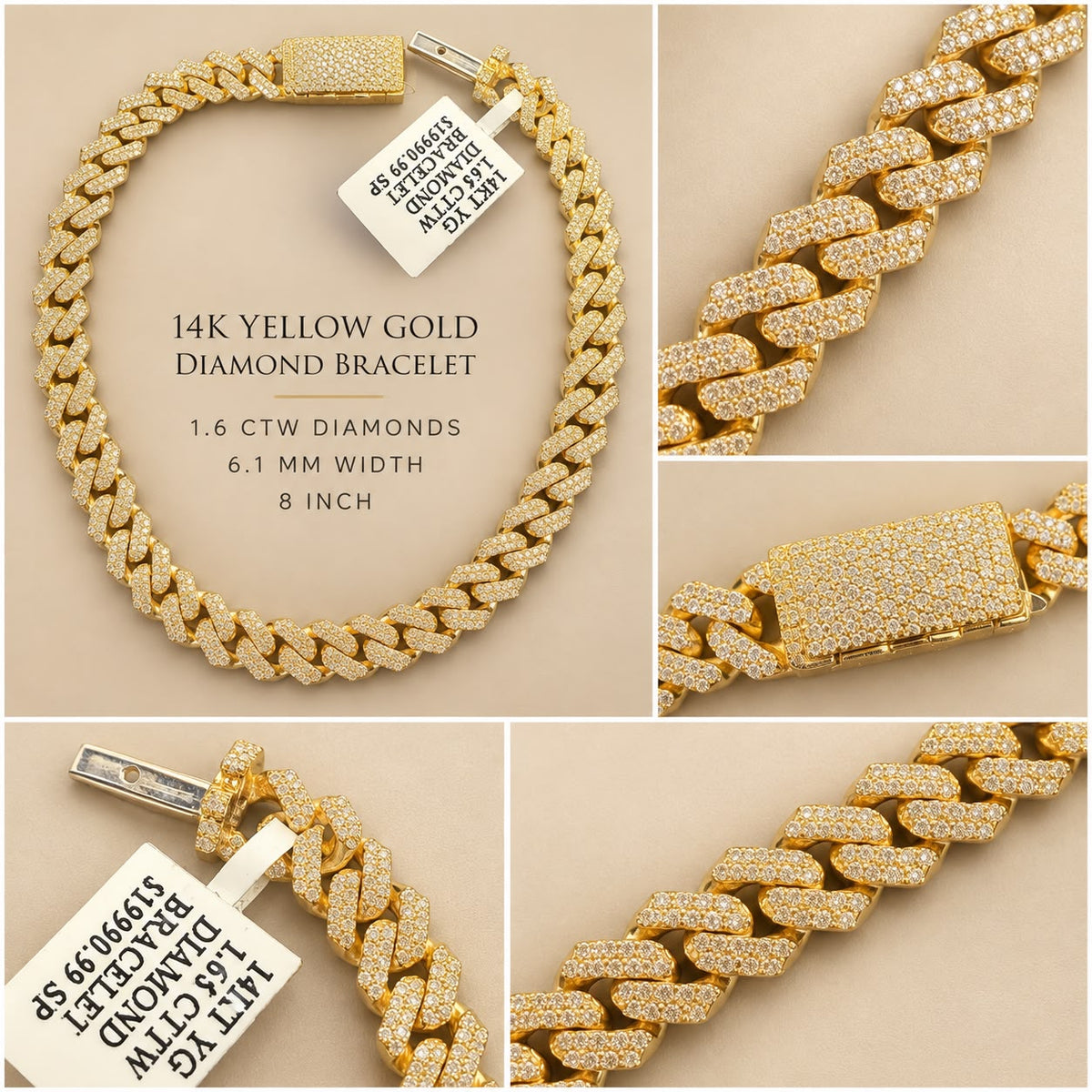 14K Yellow Gold 1.6 CTW Natural Diamond Cuban Link Bracelet 6.1mm 8”