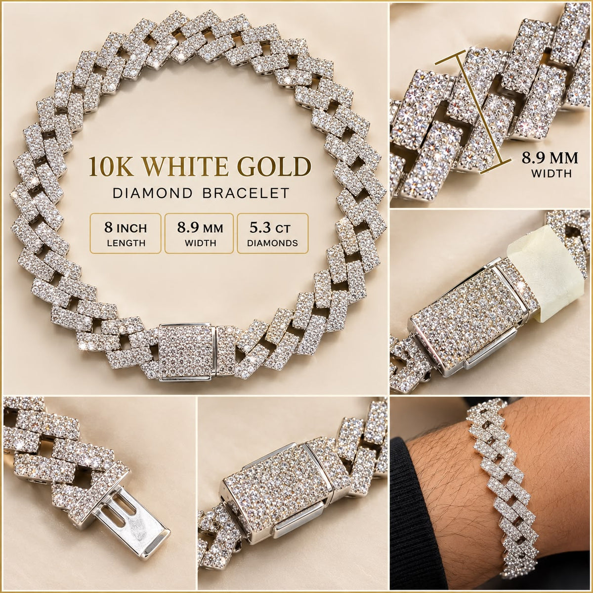 10K White Gold 5.3 CTW Natural Diamond Bracelet 8.9mm 8” Men’s