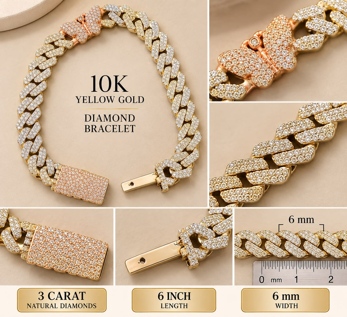 10K Yellow Gold 3 CTW Natural Diamond Cuban Link Bracelet 6mm 6”