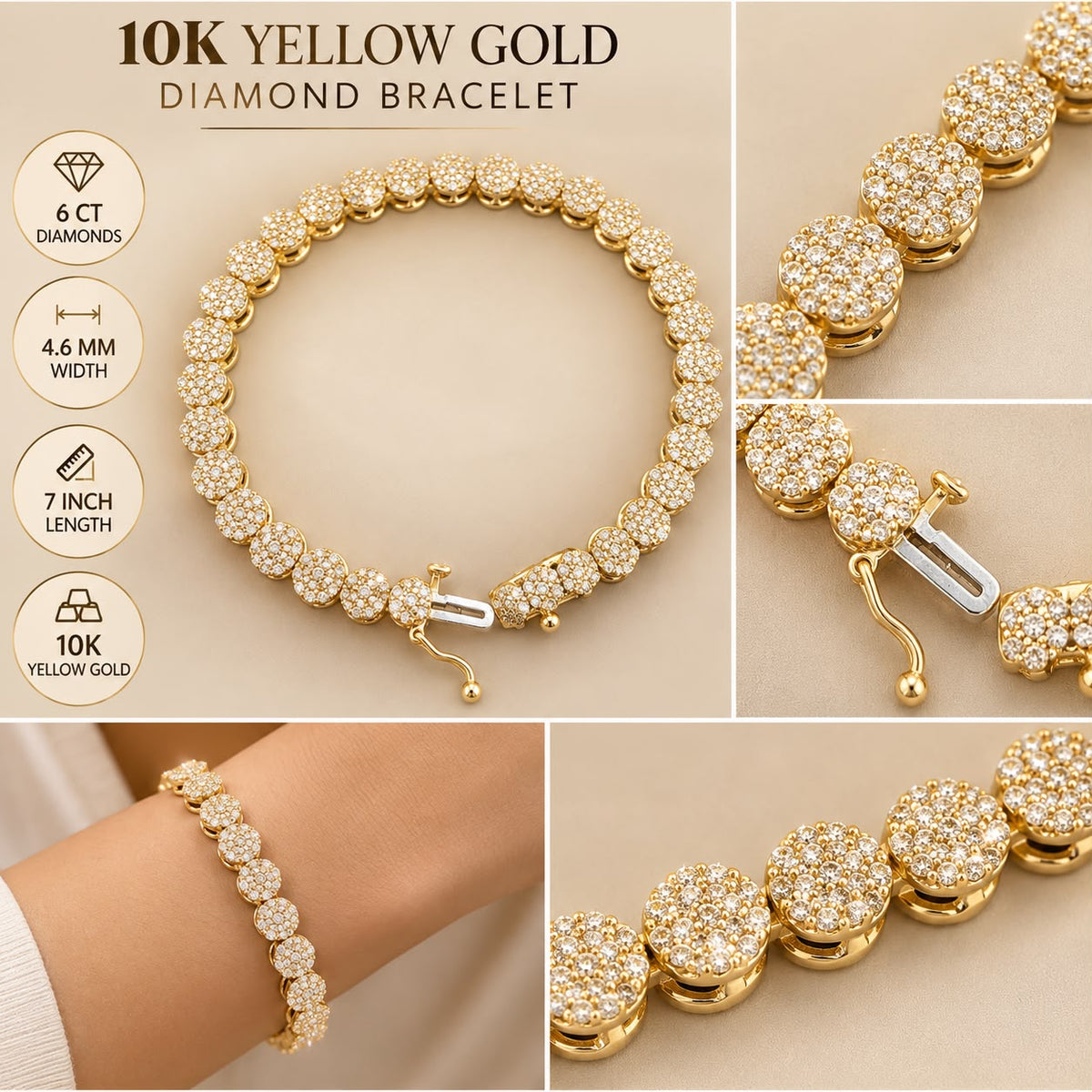 10K Yellow Gold 6 CT Natural Diamond Bracelet 7” 4.6mm Round Cluster Link