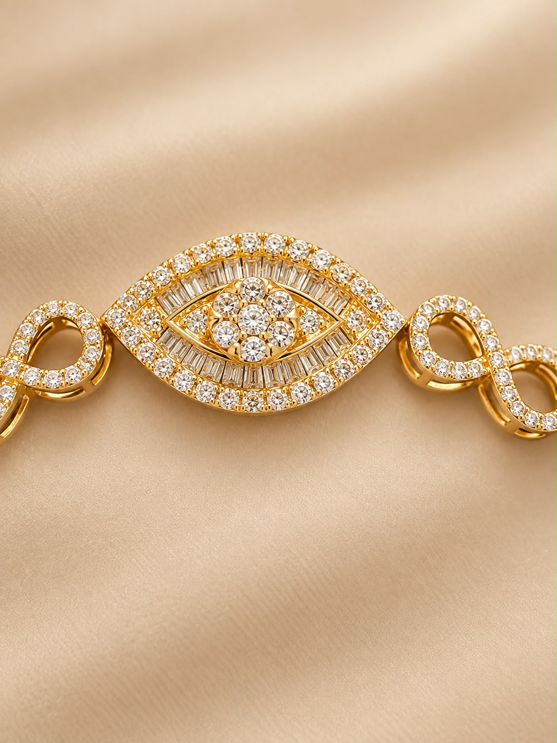 Stunning 14K White Gold Natural Diamond Bracelet featuring an elegant eye-inspired centerpiece with beautiful yellow gold accents.