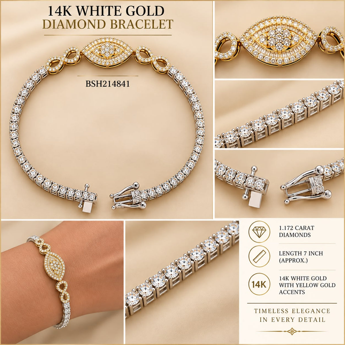 Stunning 14K White Gold Natural Diamond Bracelet featuring an elegant eye-inspired centerpiece with beautiful yellow gold accents.