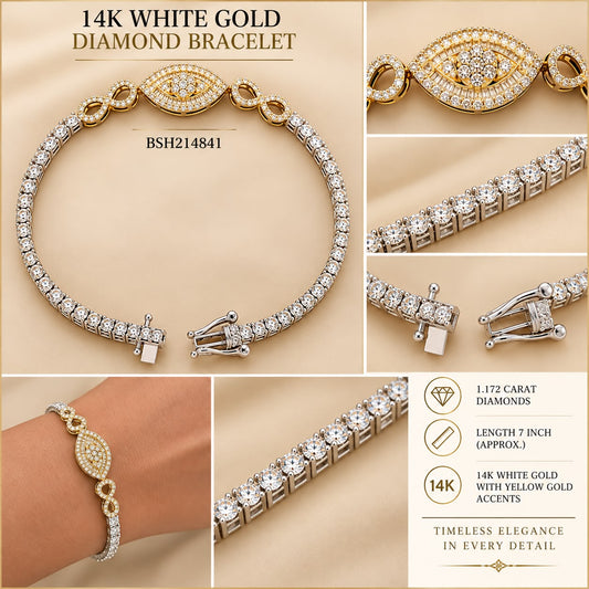 Stunning 14K White Gold Natural Diamond Bracelet featuring an elegant eye-inspired centerpiece with beautiful yellow gold accents.
