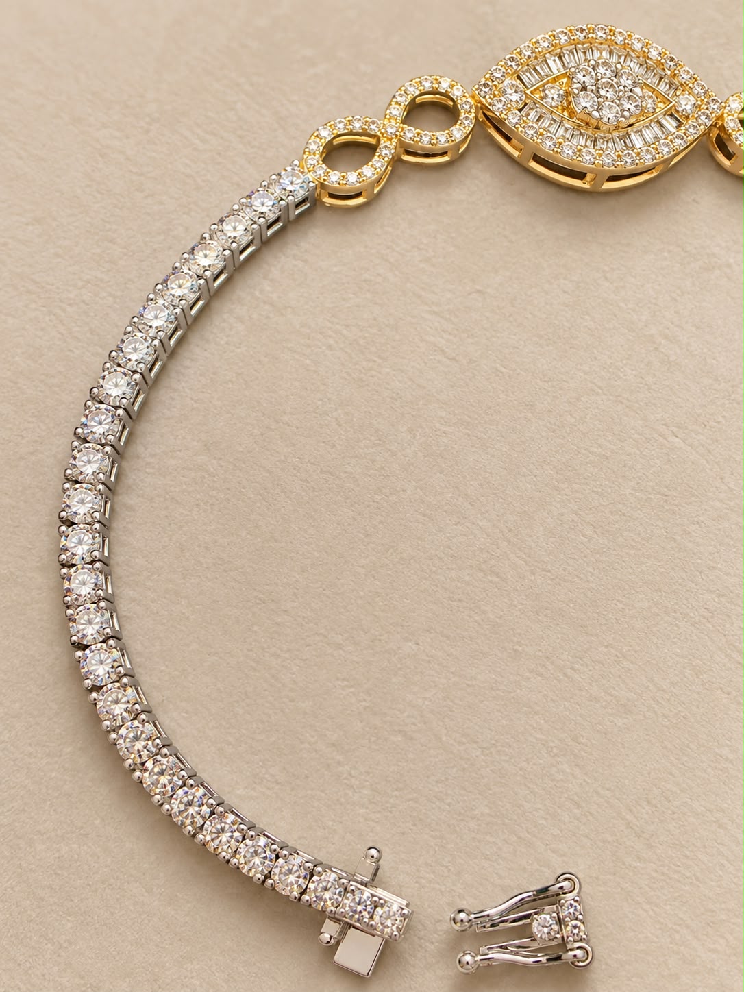 Stunning 14K White Gold Natural Diamond Bracelet featuring an elegant eye-inspired centerpiece with beautiful yellow gold accents.
