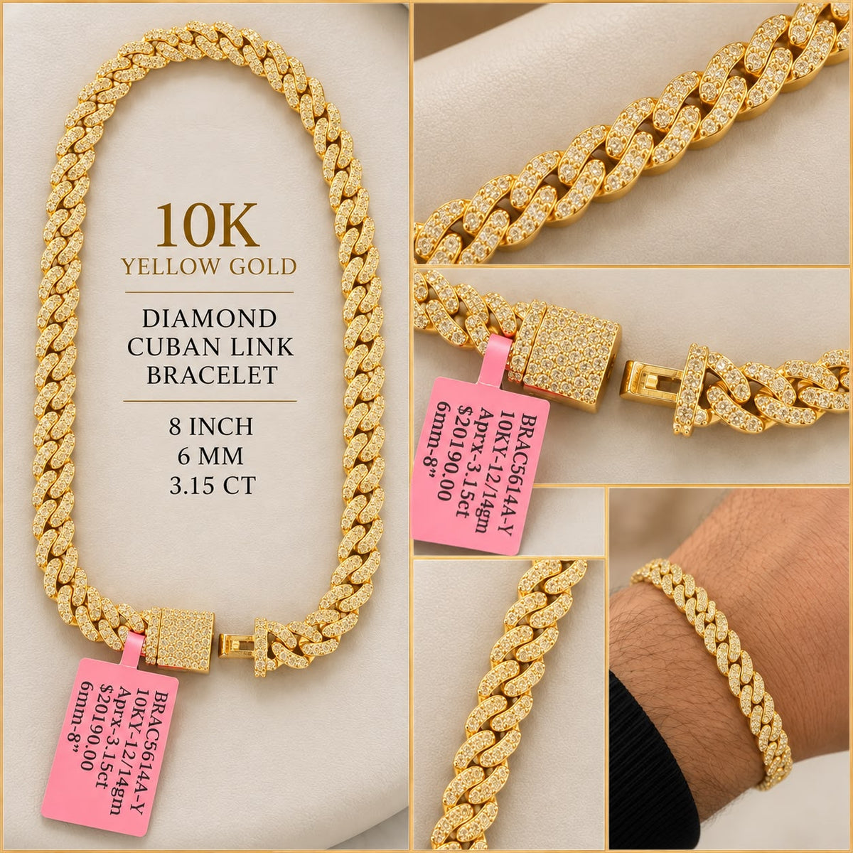 10K Yellow Gold Diamond Cuban Link Bracelet 8” 6mm 3.15 CT