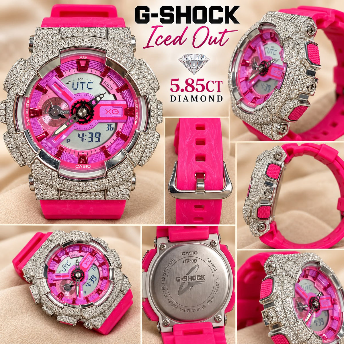 Casio G-Shock Iced Out Watch – 5.85 CT Natural Diamonds – Hot Pink – Custom Diamond Bezel