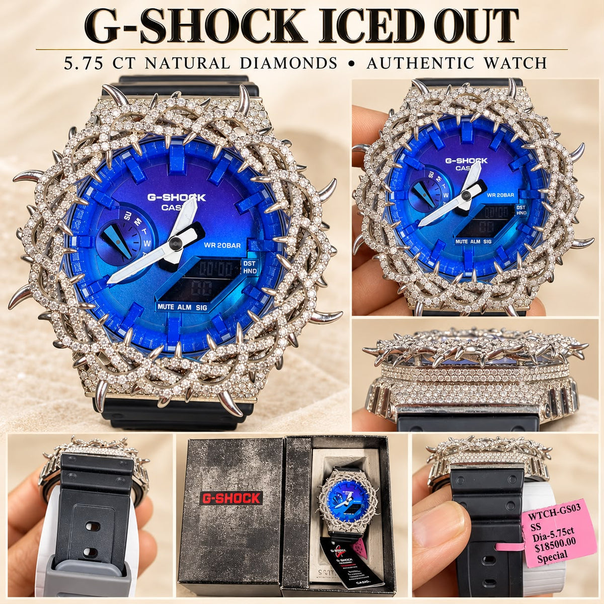 Casio G-Shock Iced Out Watch – 5.75 CT Natural Diamonds – Blue Dial – Authentic