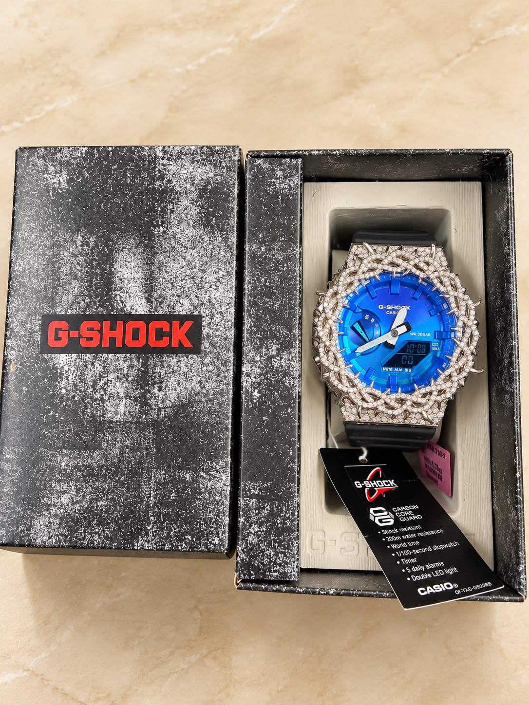 Casio G-Shock Iced Out Watch – 5.75 CT Natural Diamonds – Blue Dial – Authentic