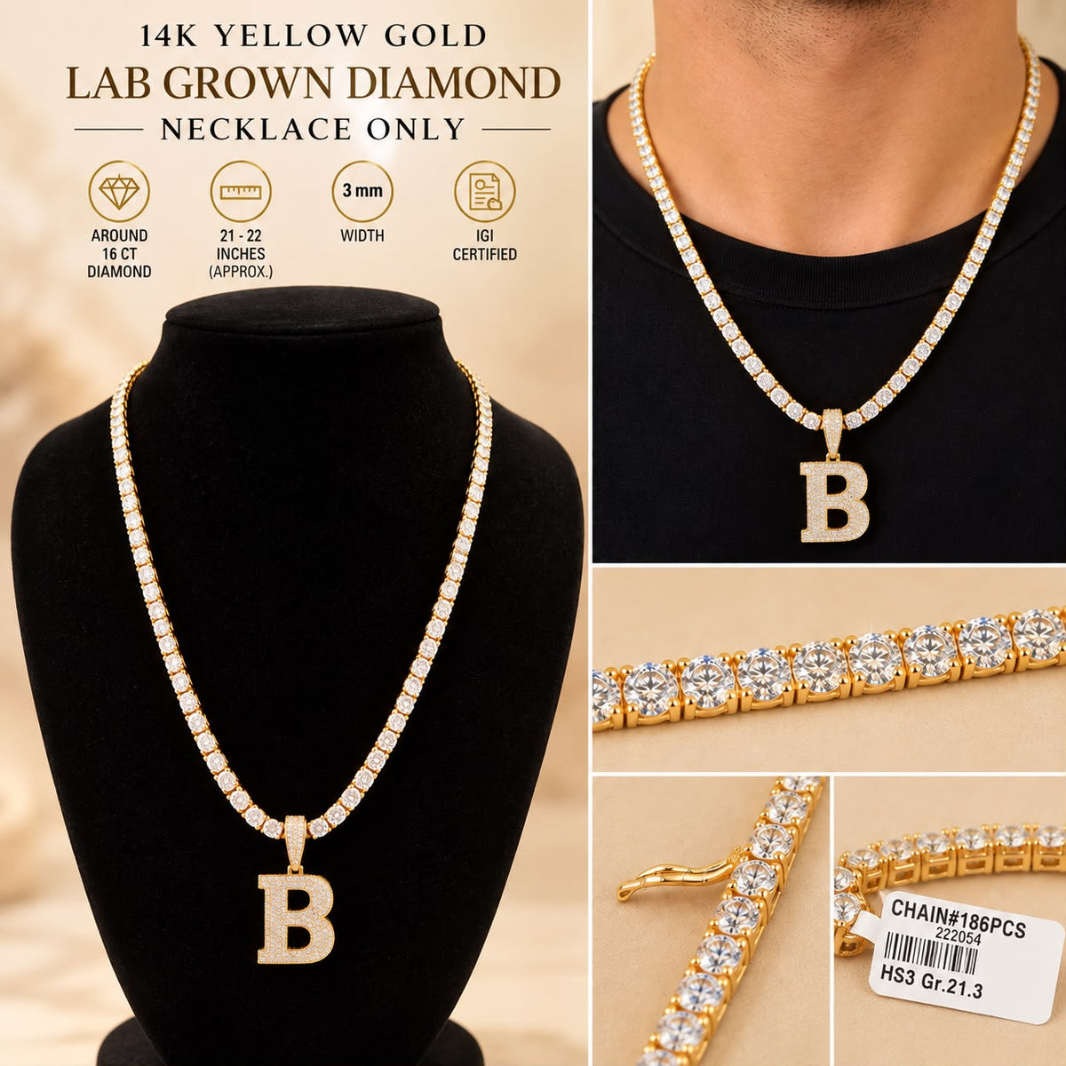 14K Yellow Gold 16 CT Lab Grown Diamond Tennis Necklace 3mm 21–22” IGI Certified
