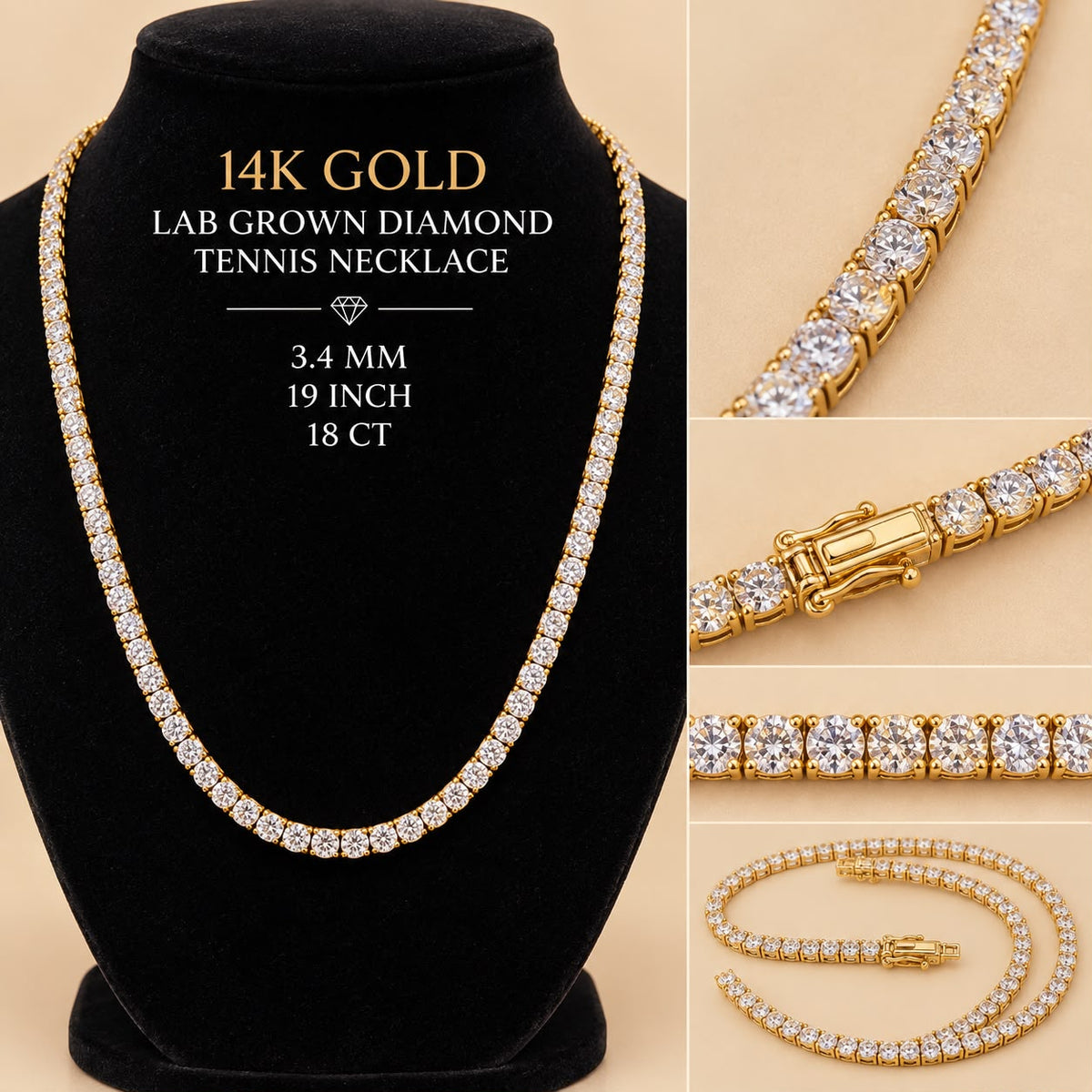 14K Yellow Gold 18 CT Lab Grown Diamond Tennis Necklace 19” 3.4mm