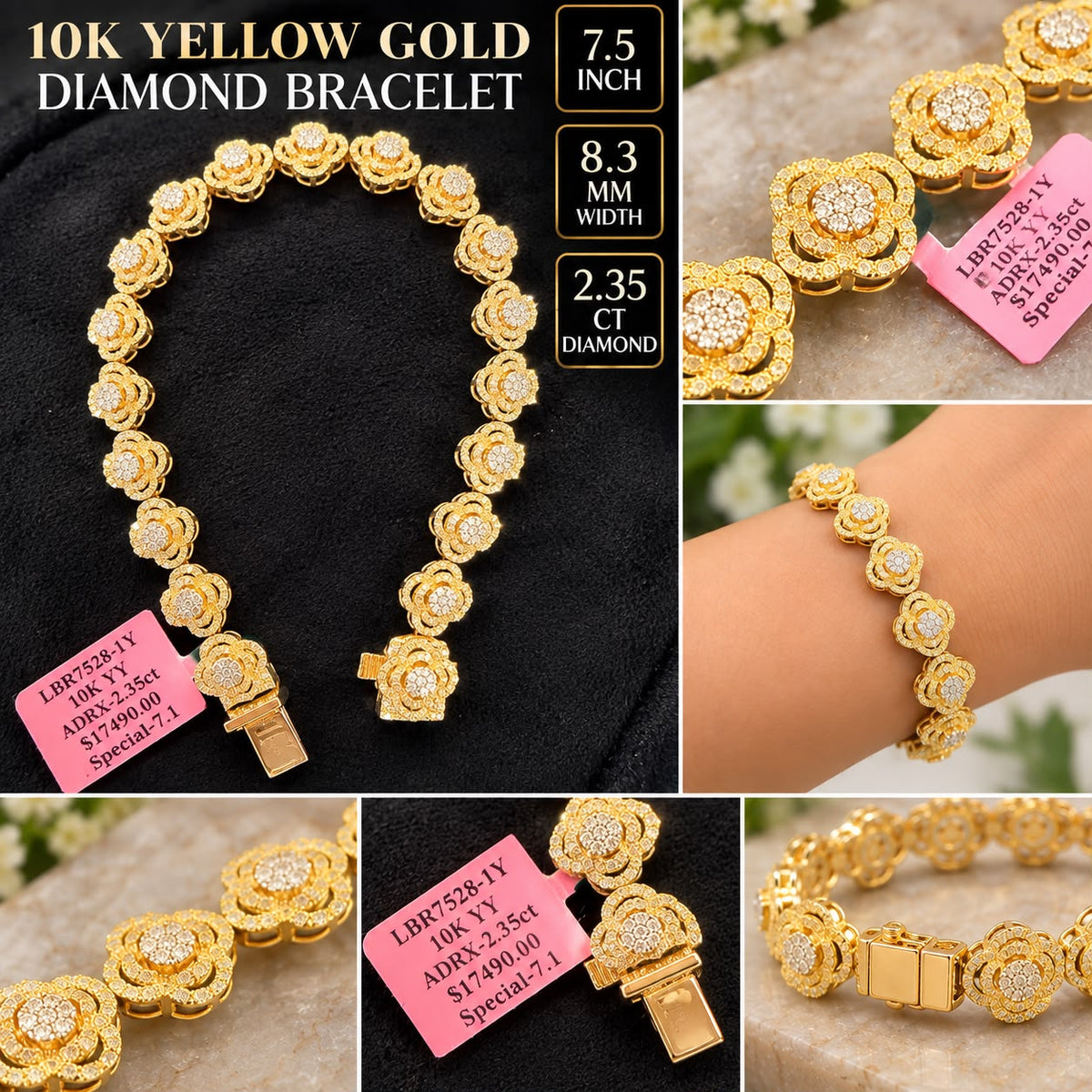 10K Yellow Gold 2.35 CT Natural Diamond Flower Bracelet 7.5” 8.3mm