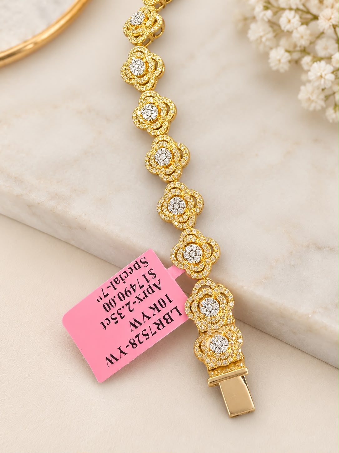 10K Yellow Gold 2.35 CT Natural Diamond Flower Bracelet 7.5” 8.3mm