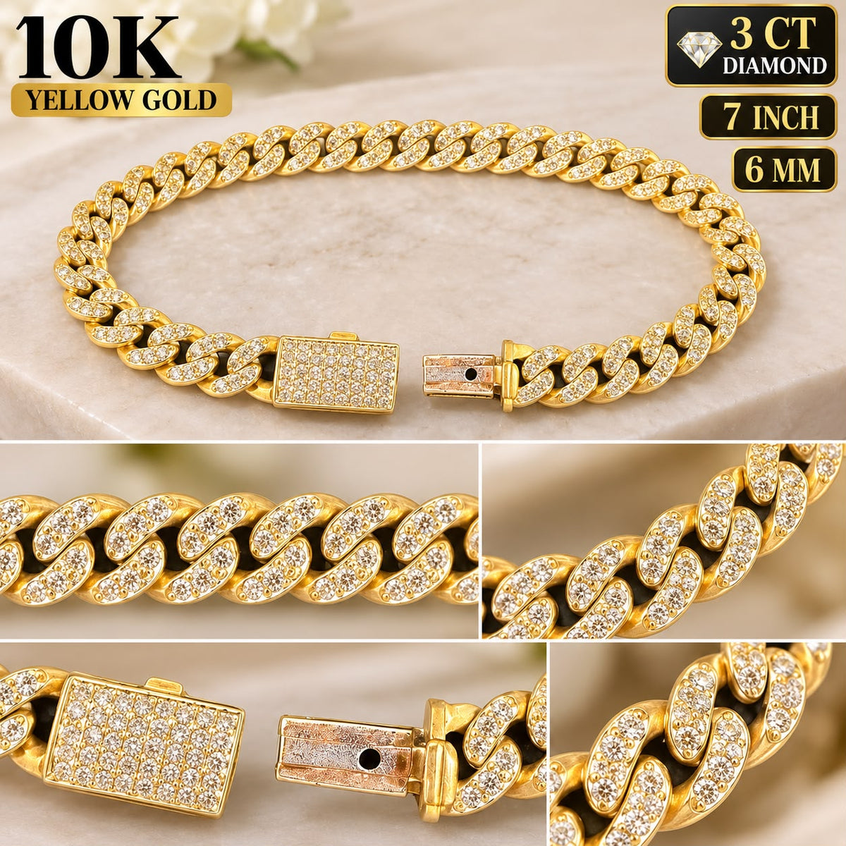 10K Yellow Gold 3 CT Natural Diamond Miami Cuban Link Bracelet 7” 6mm