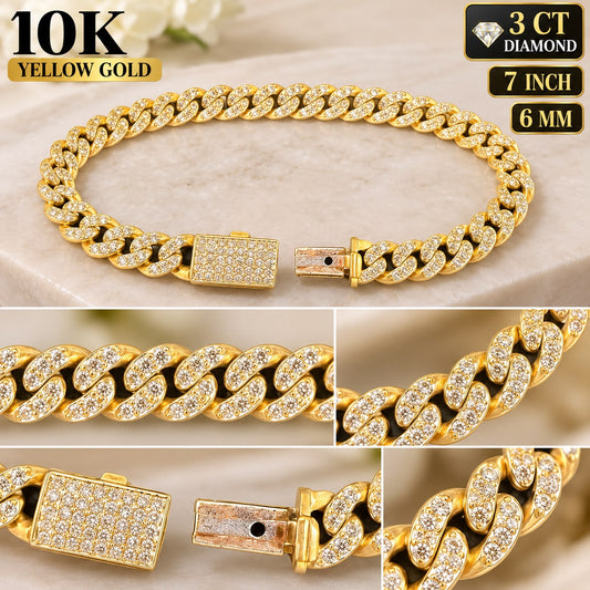 10K Yellow Gold 3 CT Natural Diamond Miami Cuban Link Bracelet 7” 6mm
