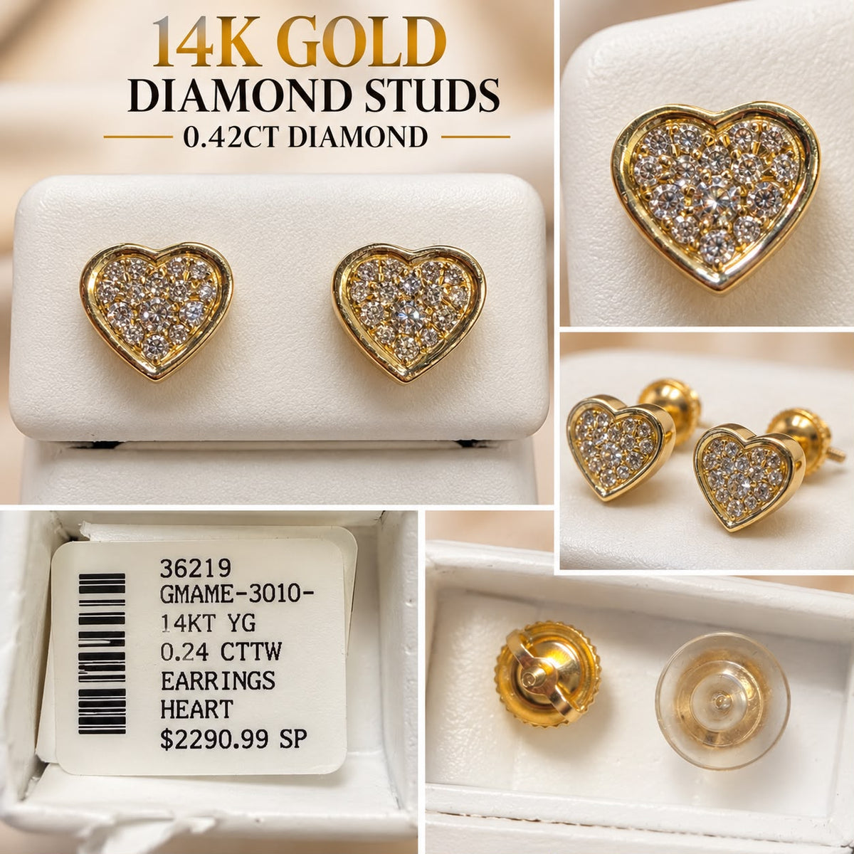 14K Yellow Gold 0.42 CTW Natural Diamond Heart Stud Earrings