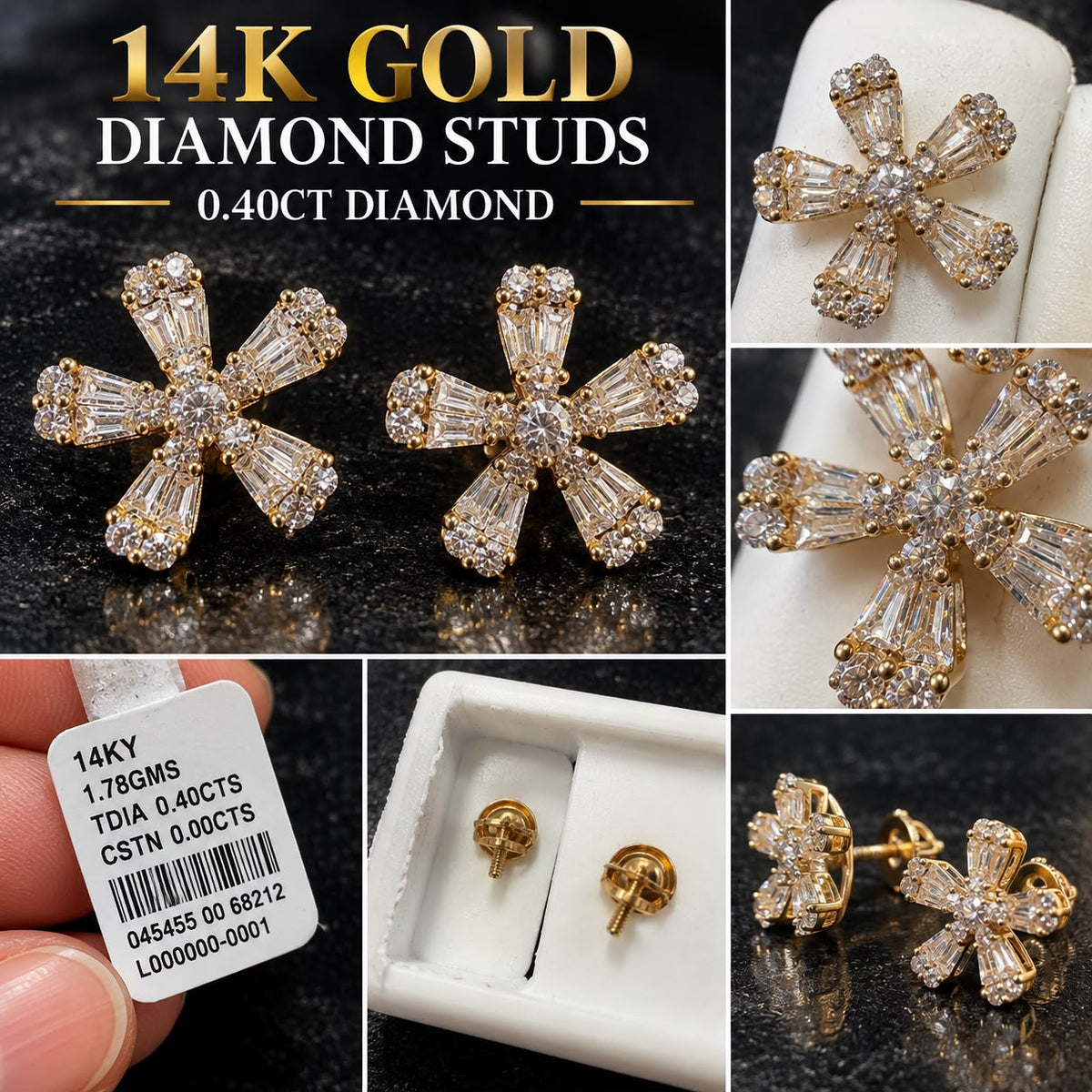 14K Yellow Gold 0.40 CTW Natural Diamond Flower Stud Earrings Screw Back