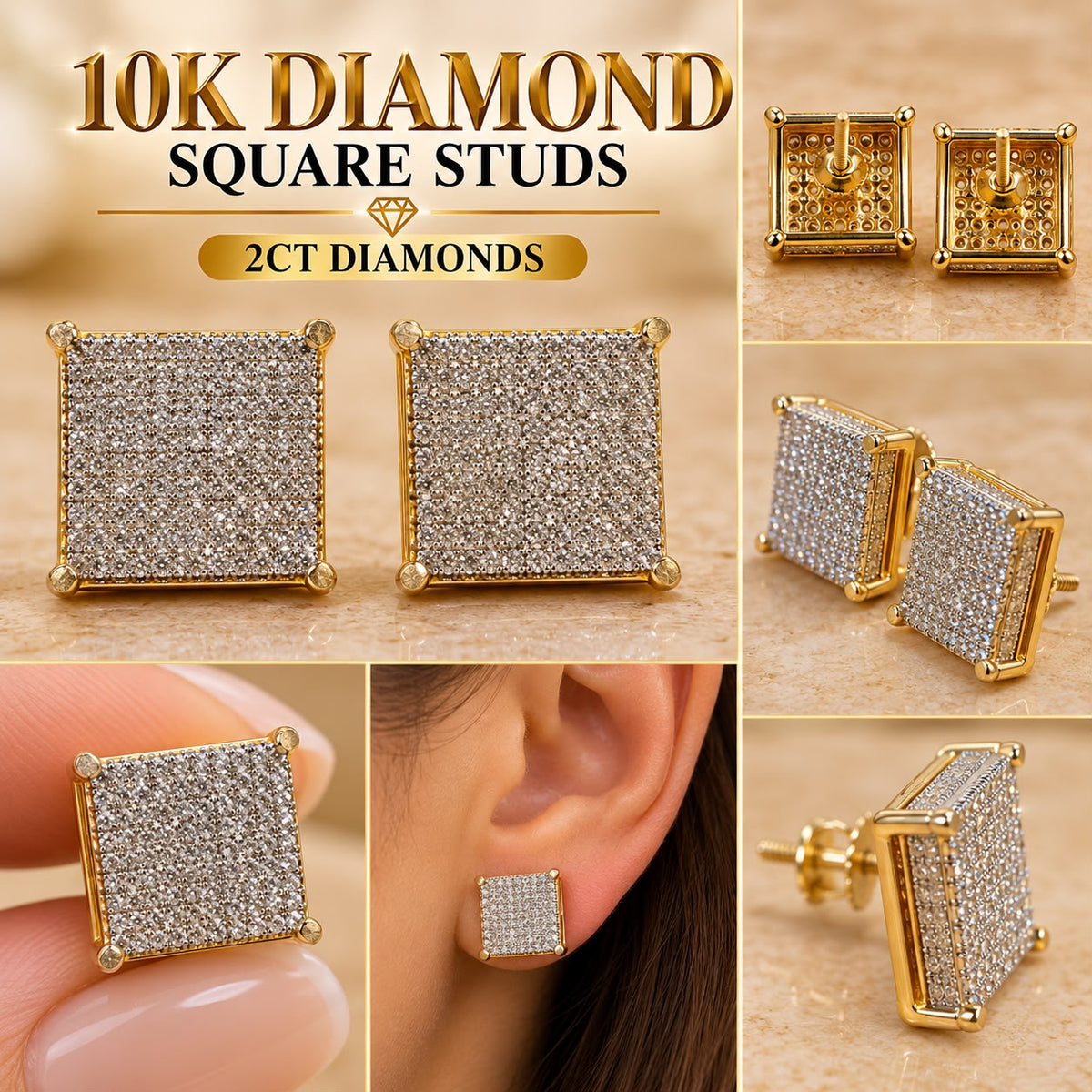 10K Yellow Gold 2 CTW Natural Diamond Square Stud Earrings Screw Back