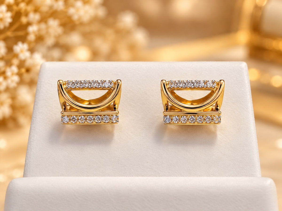 10K Yellow Gold Natural Diamond Square Stud Earrings Push Back