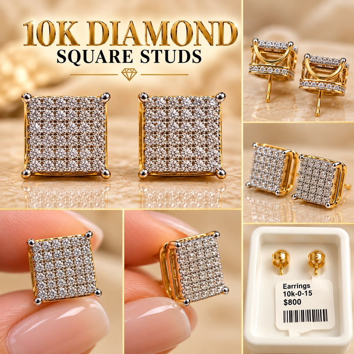 10K Yellow Gold Natural Diamond Square Stud Earrings Push Back