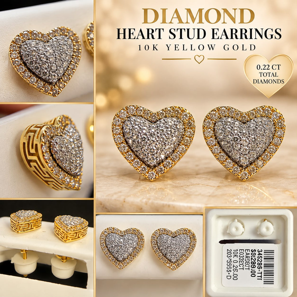 10K Yellow Gold 0.22 CTW Natural Diamond Heart Stud Earrings Two Tone