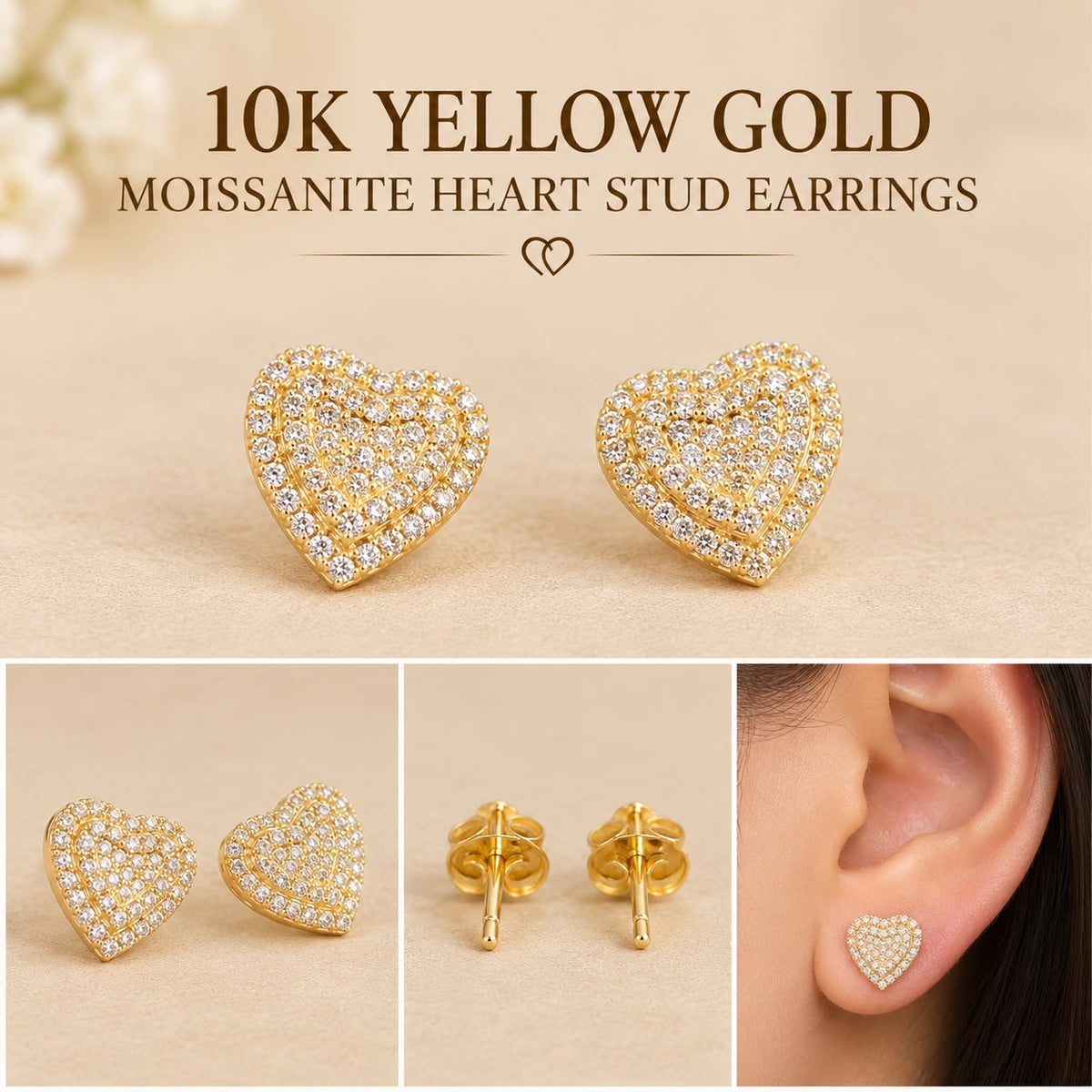 10K Yellow Gold Moissanite Heart Stud Earrings – Pavé Heart Design