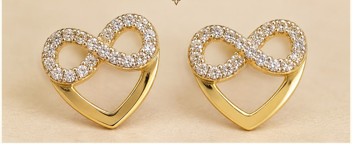 10K Yellow Gold Natural Diamond Infinity Heart Stud Earrings