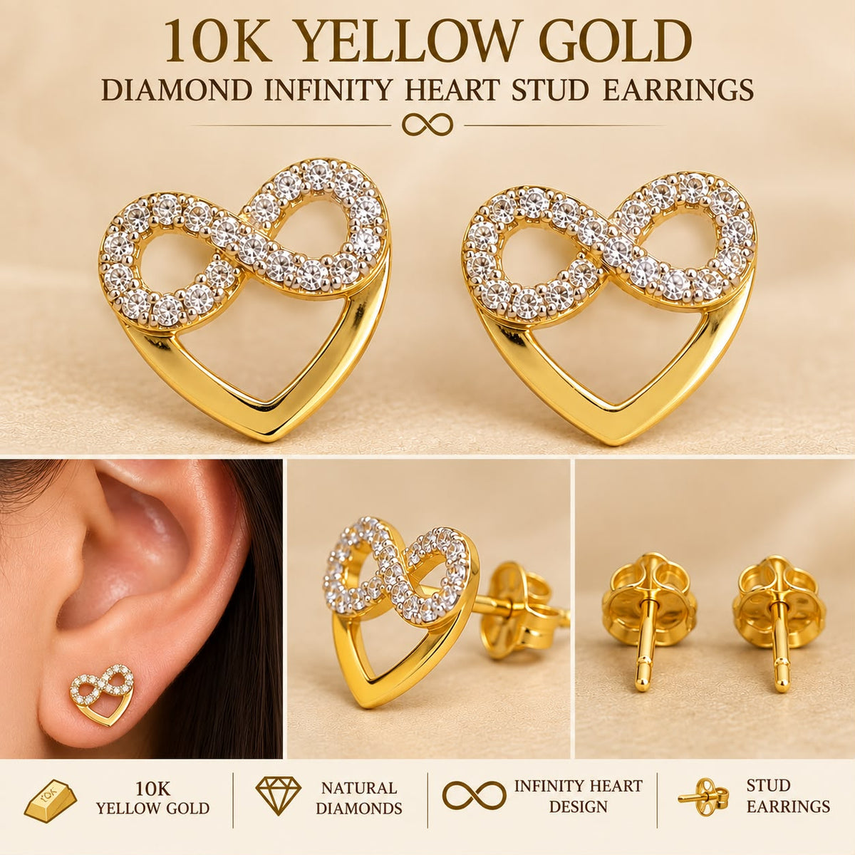 10K Yellow Gold Natural Diamond Infinity Heart Stud Earrings