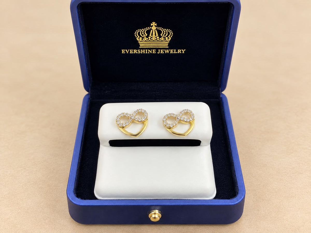 10K Yellow Gold Natural Diamond Infinity Heart Stud Earrings
