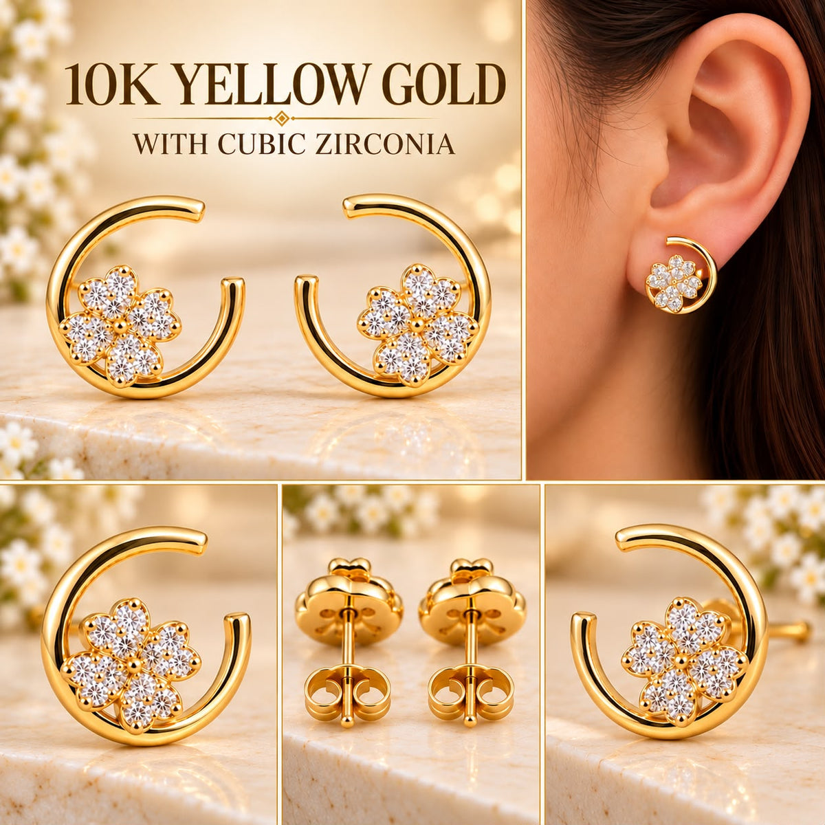 10K Yellow Gold CZ Flower Open Circle Stud Earrings – Cubic Zirconia