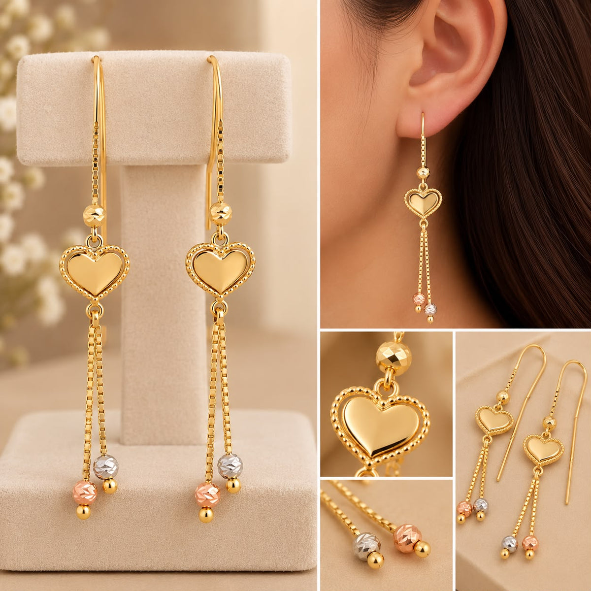 14K Yellow Gold Heart Threader Dangle Earrings – Two-Tone Bead Tassel Design