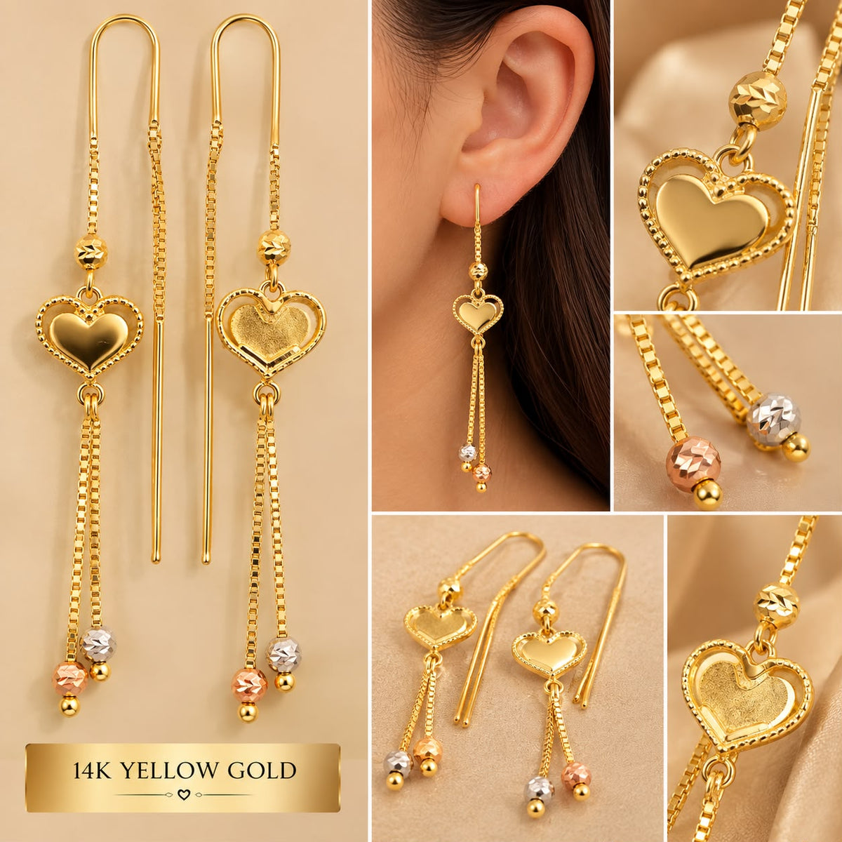 14K Yellow Gold Heart Threader Dangle Earrings – Two-Tone Bead Tassel Design
