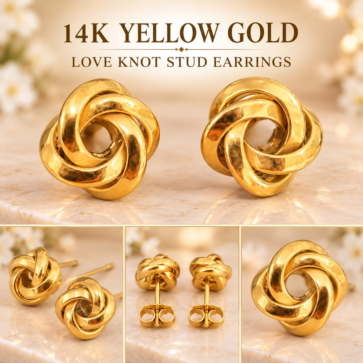 14K Yellow Gold Love Knot Stud Earrings – Polished Interlocking Knot Design