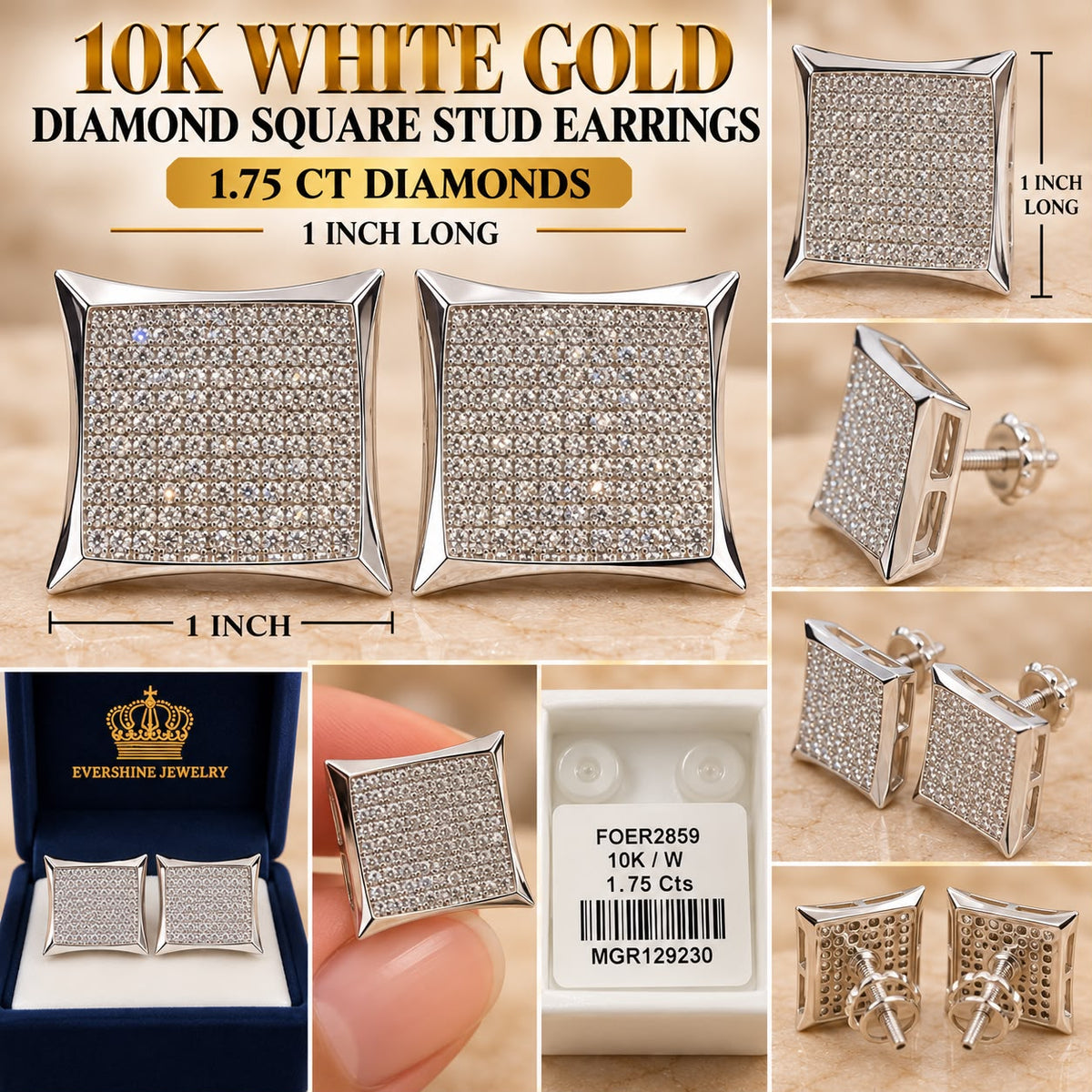 10K White Gold 1.75 CT Diamond Square Stud Earrings – 1 Inch