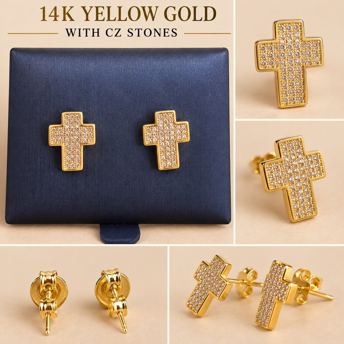 14K Yellow Gold CZ Cross Stud Earrings – 2.20g