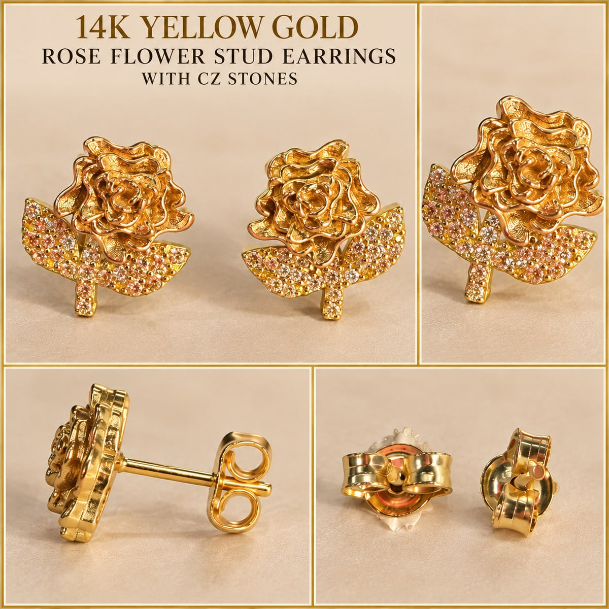 14K Yellow Gold Rose Flower CZ Stud Earrings – 4.60g