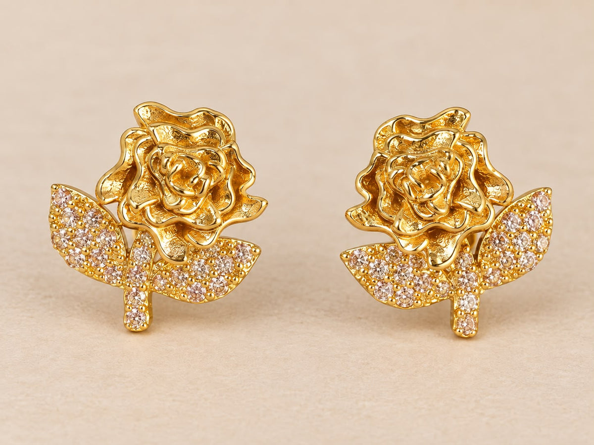 14K Yellow Gold Rose Flower CZ Stud Earrings – 4.60g