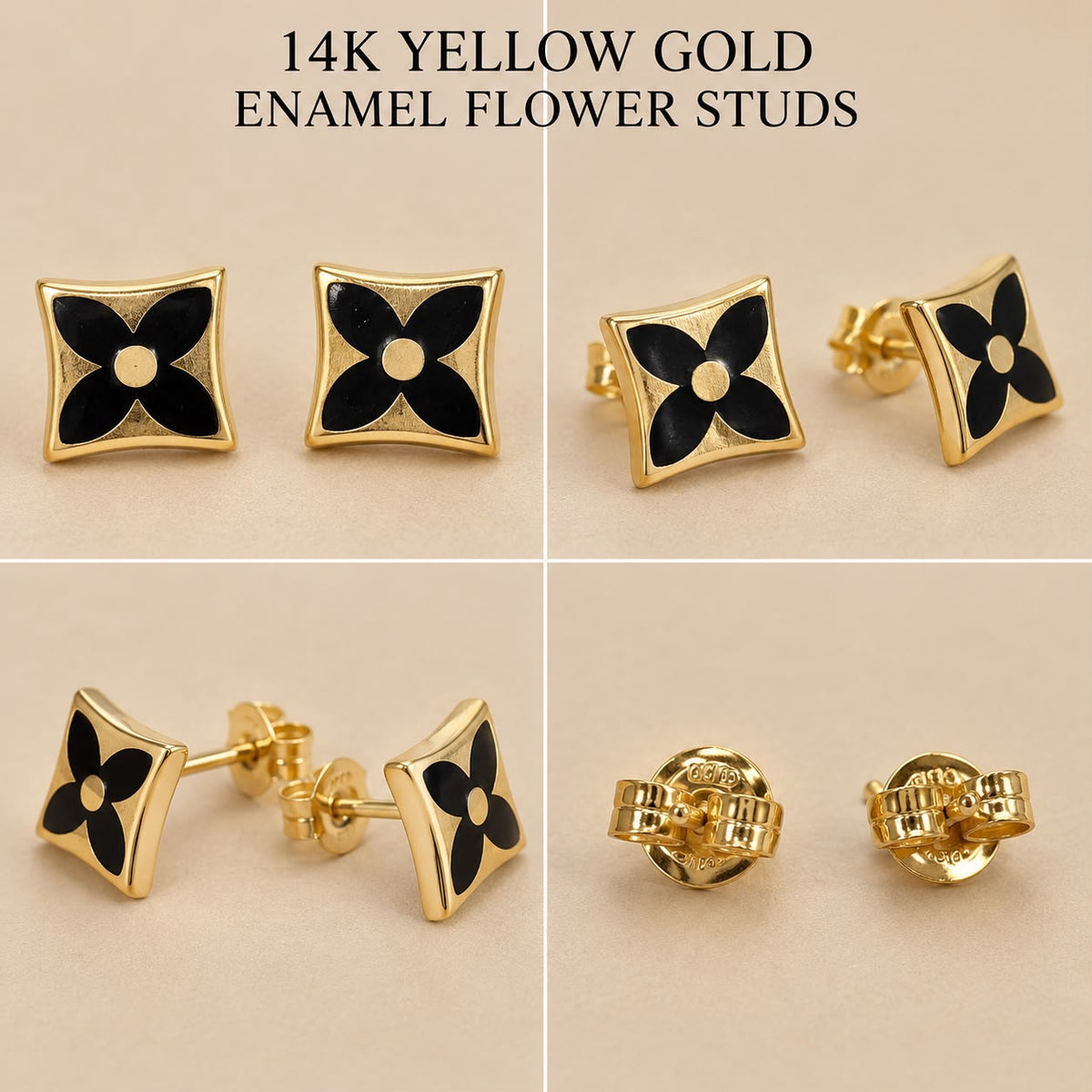 14K Yellow Gold Black Enamel Flower Stud Earrings 7.5mm – 1.2g