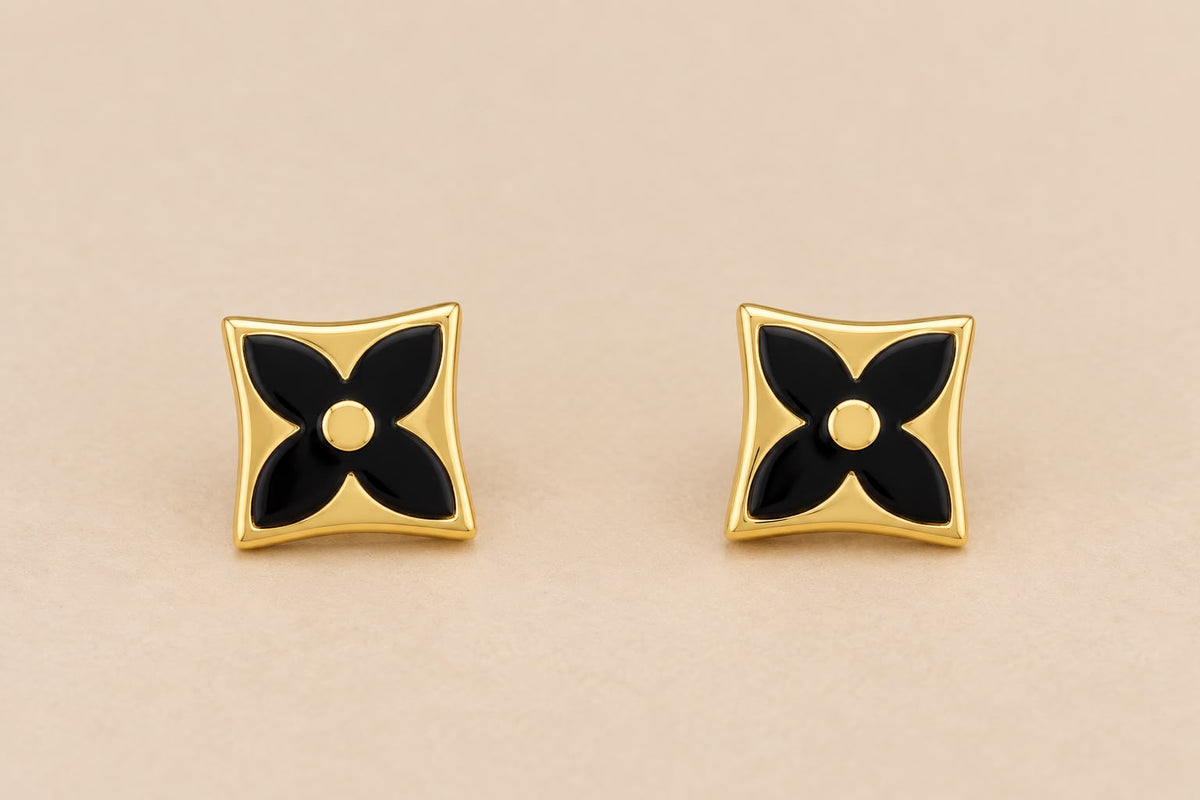 14K Yellow Gold Black Enamel Flower Stud Earrings 7.5mm – 1.2g