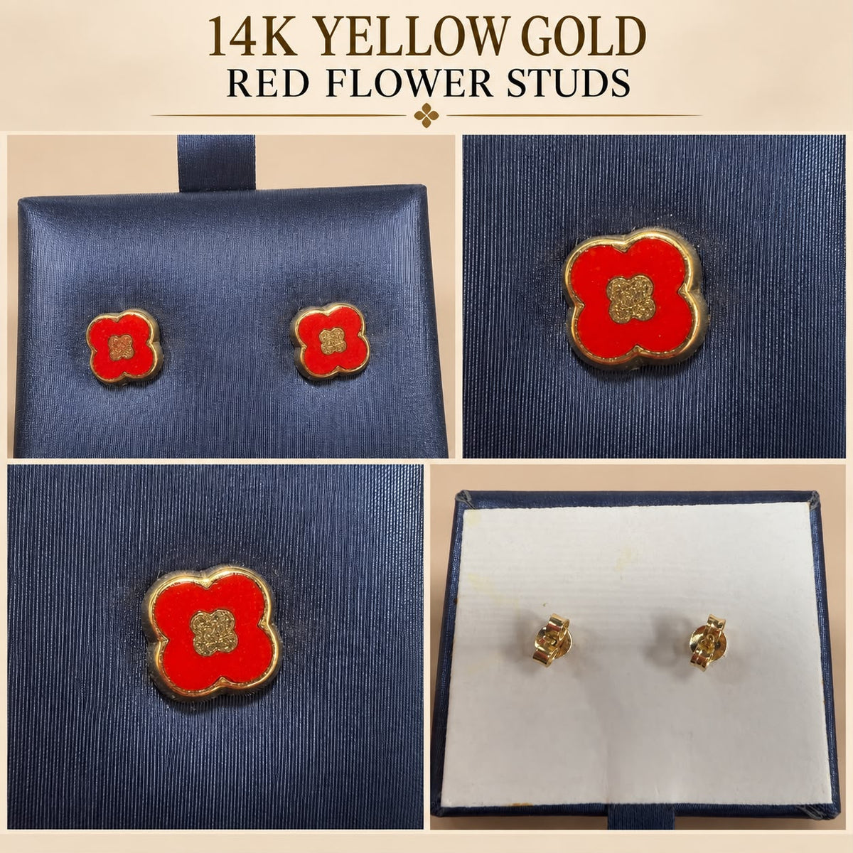 14K Yellow Gold Red Flower Stud Earrings 7.5mm – 1.2 Grams