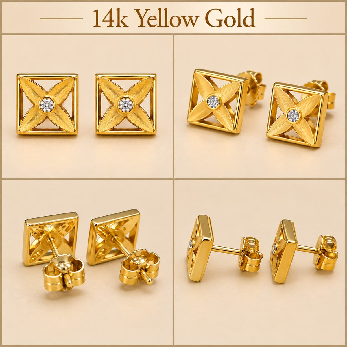 14K Yellow Gold Square Flower Stud Earrings 5.8mm – 1 Gram