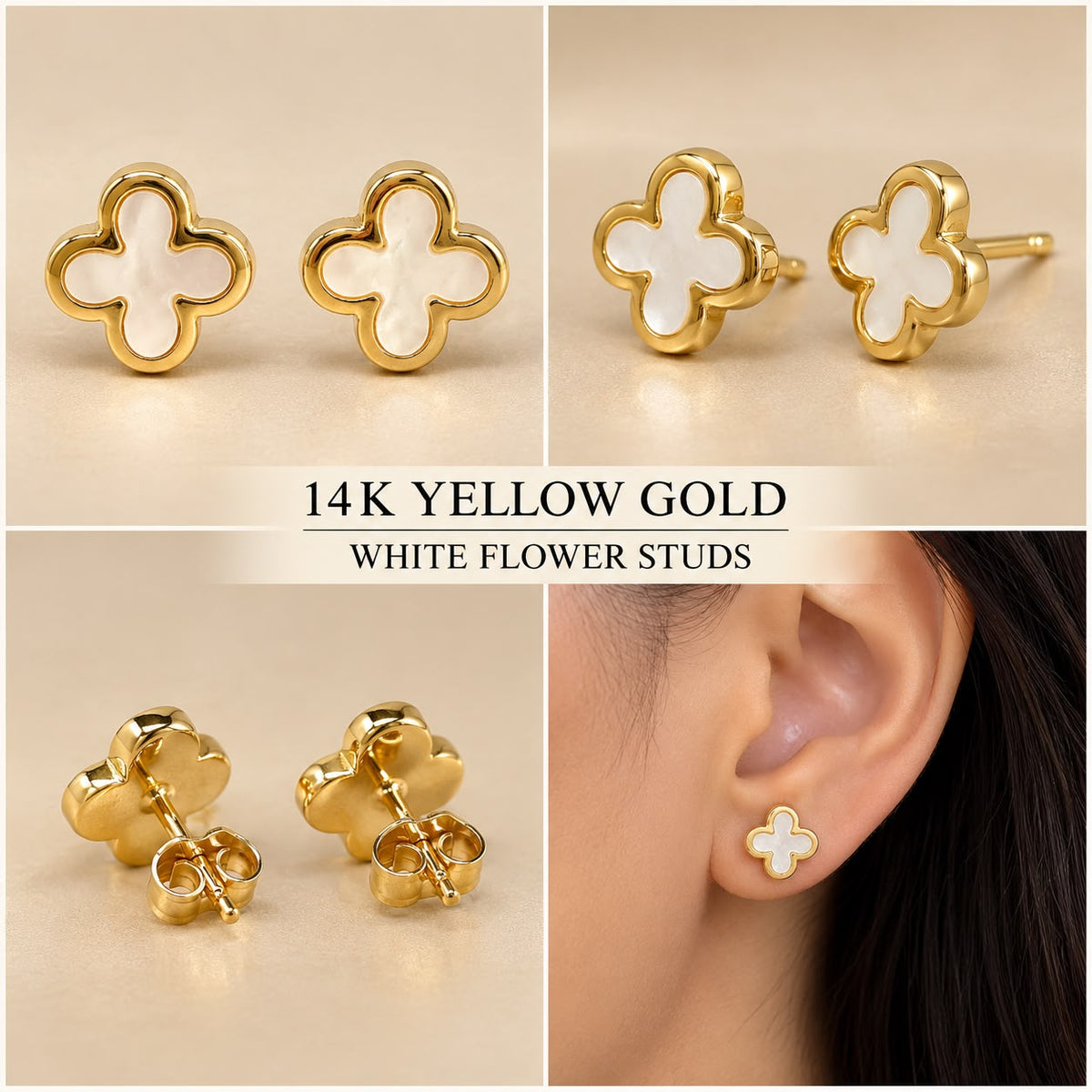 14K Yellow Gold White Flower Stud Earrings 8.5mm – 1.20 Grams